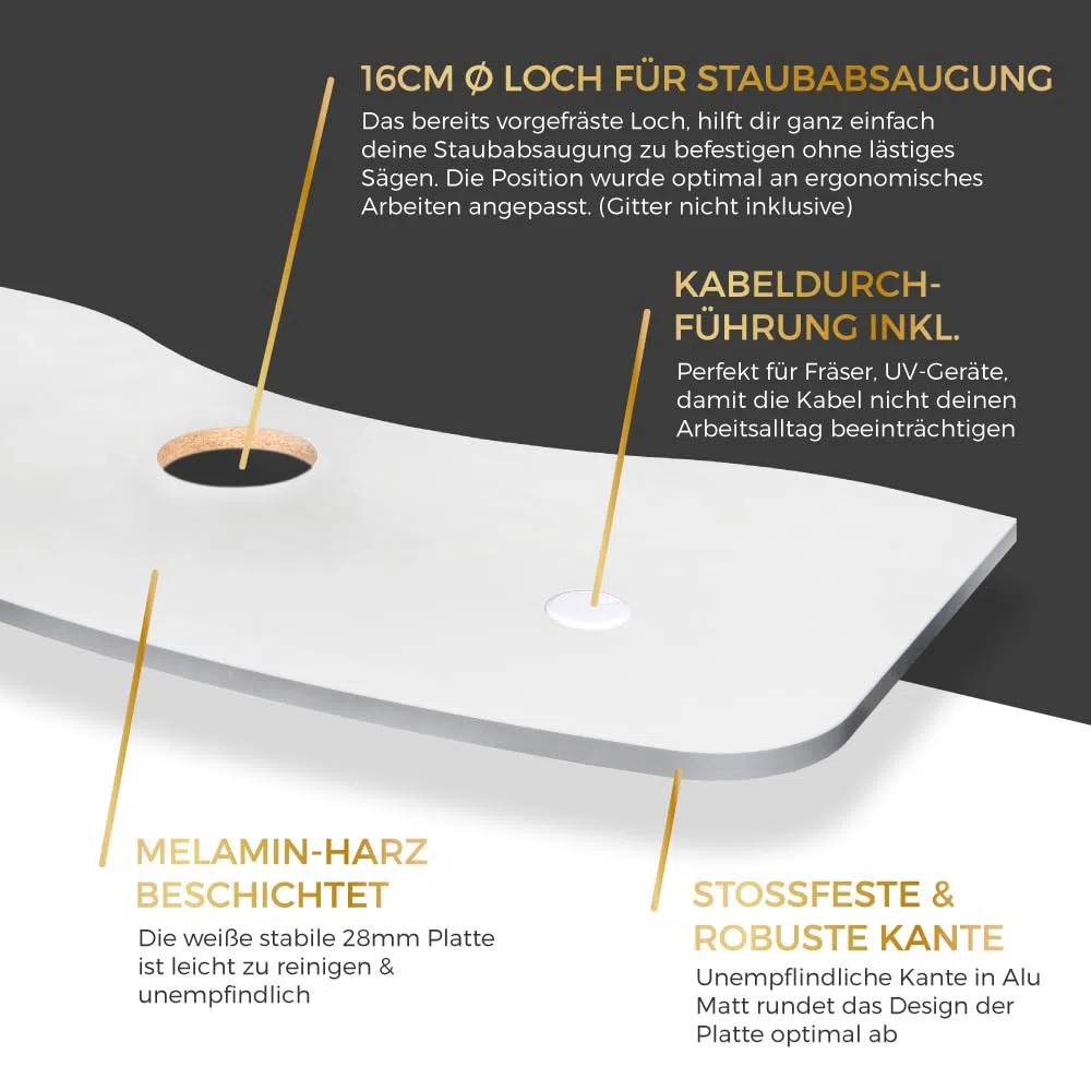 Nageltischplatte für Nagelstudio als Nageltisch · Manikür Tischplatte Weiß · für Absaugung Stabil · Made in DE · Acetonbeständig · mit Loch, Lynis-Nailshop.de