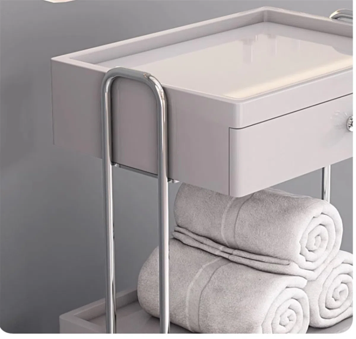Arbeitswagen, 2-stufiger Kosmetikwagen Mit Schublade Und 2 Schranktüren. Beweglicher Rollwagen Mit Rädern. Kosmetikwagen Rollregal Spas(Silver+Gray)