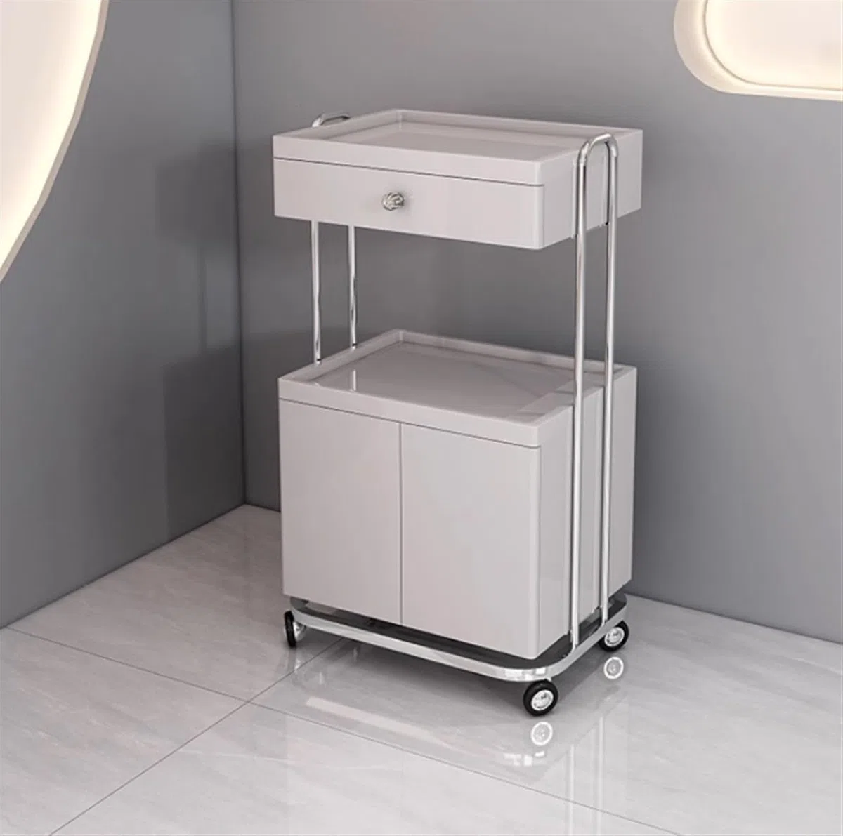 Arbeitswagen, 2-stufiger Kosmetikwagen Mit Schublade Und 2 Schranktüren. Beweglicher Rollwagen Mit Rädern. Kosmetikwagen Rollregal Spas(Silver+Gray)