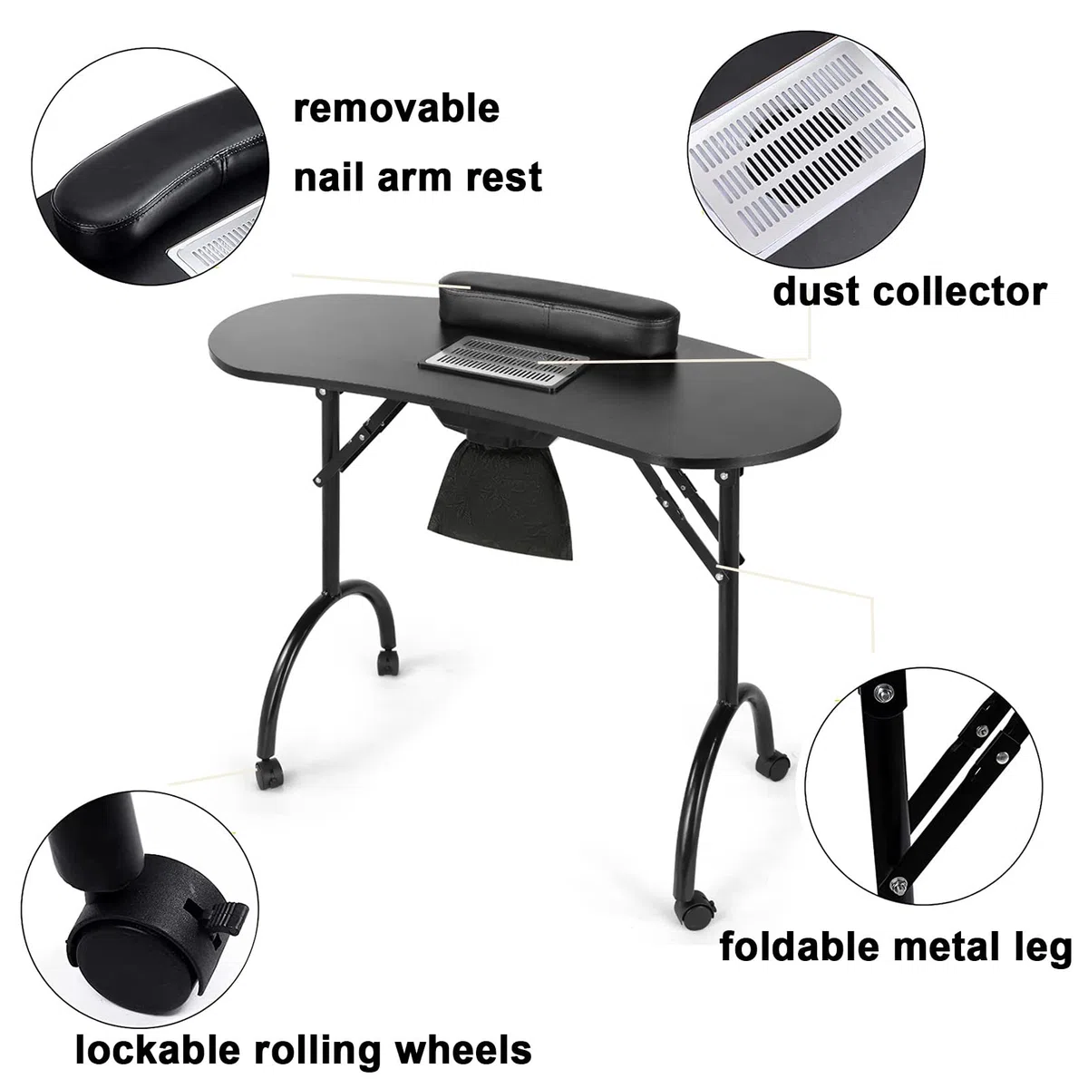 Zusammenklappbarer Nageltisch, Nail Beauty Spa Salon Desk Workstation, tragbarer Maniküre-Nageltisch auf Rädern, mit integriertem Staubsammler und Handgelenkkissen, für Home Spa Beauty Salon Worksta