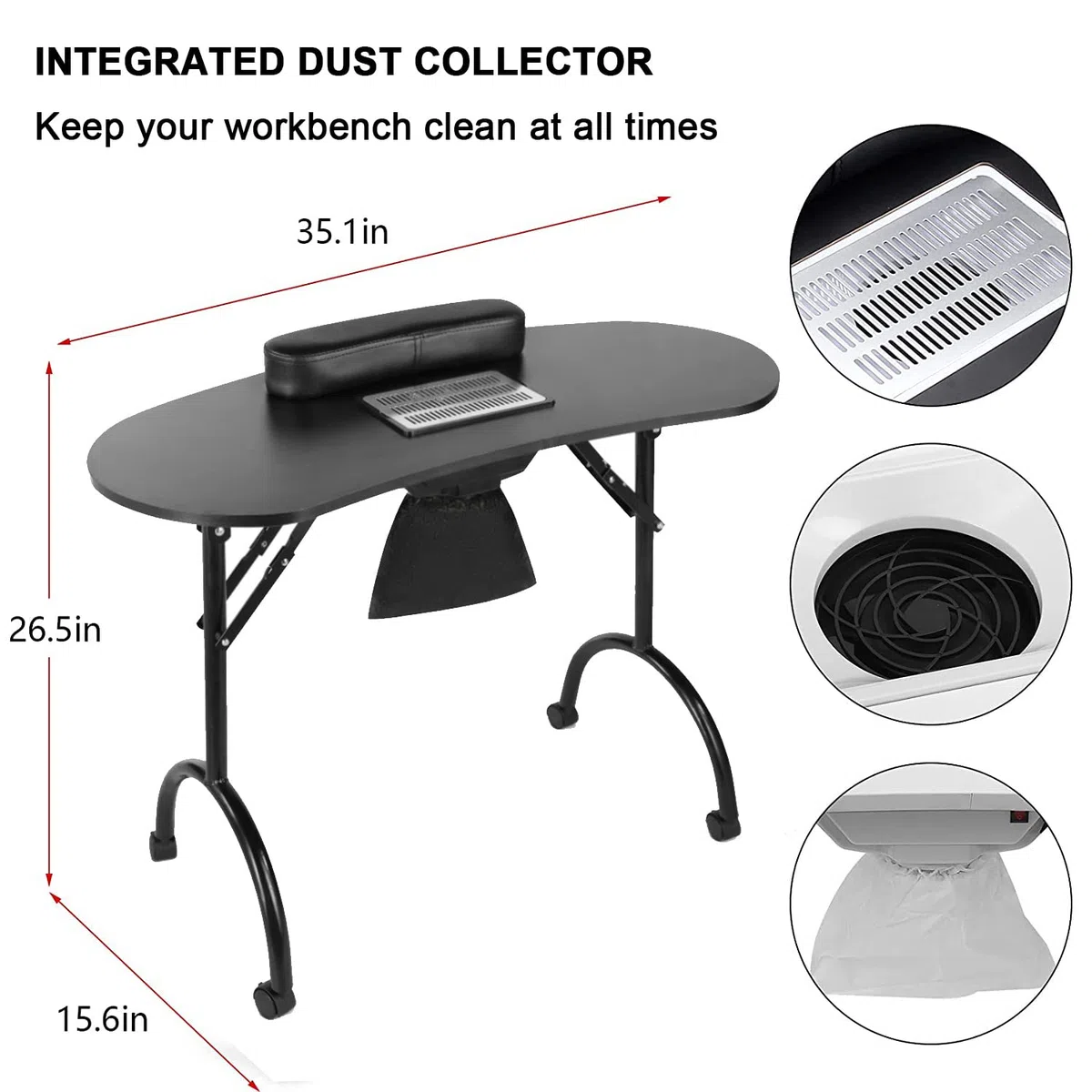 Zusammenklappbarer Nageltisch, Nail Beauty Spa Salon Desk Workstation, tragbarer Maniküre-Nageltisch auf Rädern, mit integriertem Staubsammler und Handgelenkkissen, für Home Spa Beauty Salon Worksta