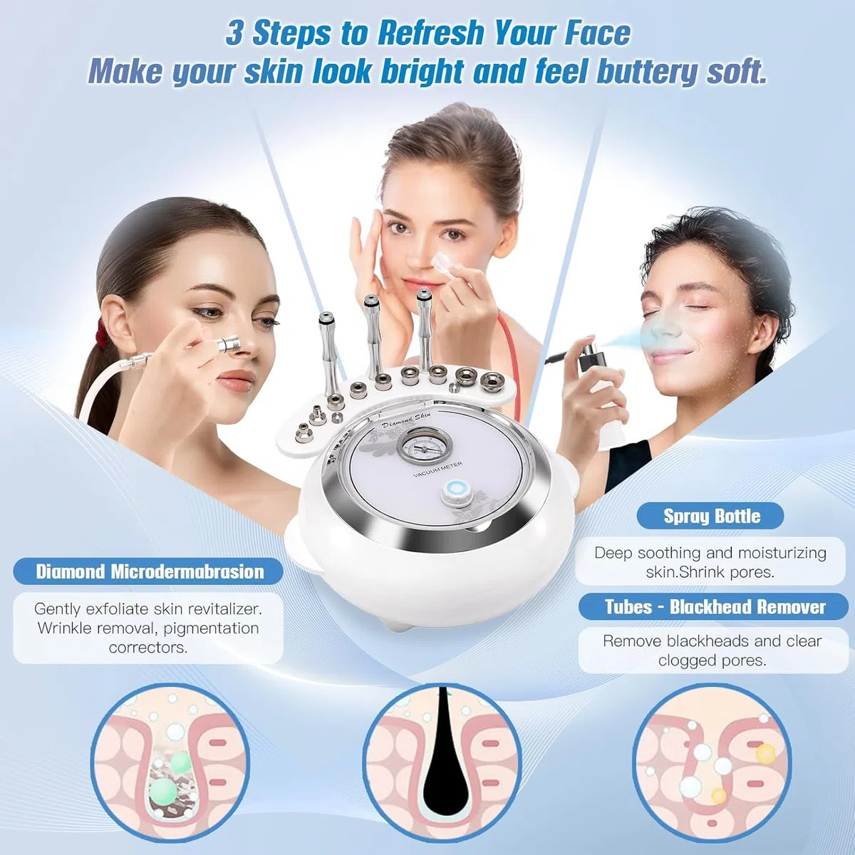 JT-Direct Diamant Microdermabrasion Gerät 3 en 1, Ausstattung für Gesichtspflege mit Absaug und Pulverisierung (hohe Absaugleistung 65-68 cmhg)