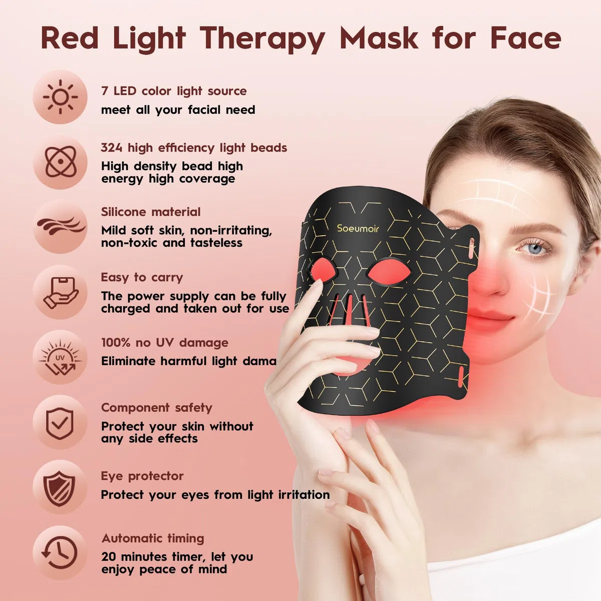 LED Gesichtsmaske mit Rotlichttherapie – 7 Farben LED Lichtmaske – Pflegegerät für alle Hauttypen – Professionelle Hautpflege für Zuhause & Reise