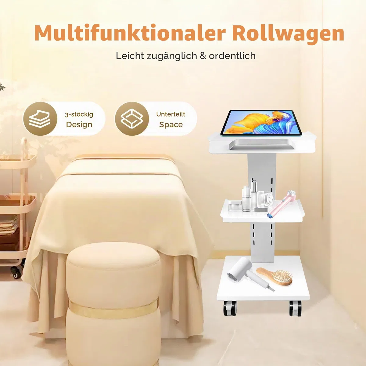 Beauty Salon Trolley, Multifunktions-bewegliche Hand Trucks, Dental DREI Schichten Multifunktionswagen Wagen Zahnwagen Medizinischer Wagen mit leisen Fußbremsen, Weiß