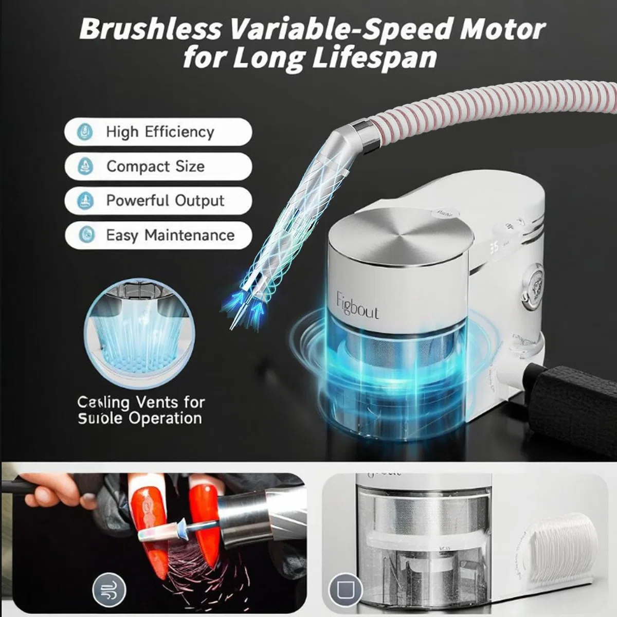 2-in-1-Nagelstaubsauger & Nagelfräser – Elektrische Nagelfeile 35.000 U/min und starker Saugkraft, bürstenloser Motor, Reinigung für Acrylnägel, für Heimwerker und Nagelstudios Black