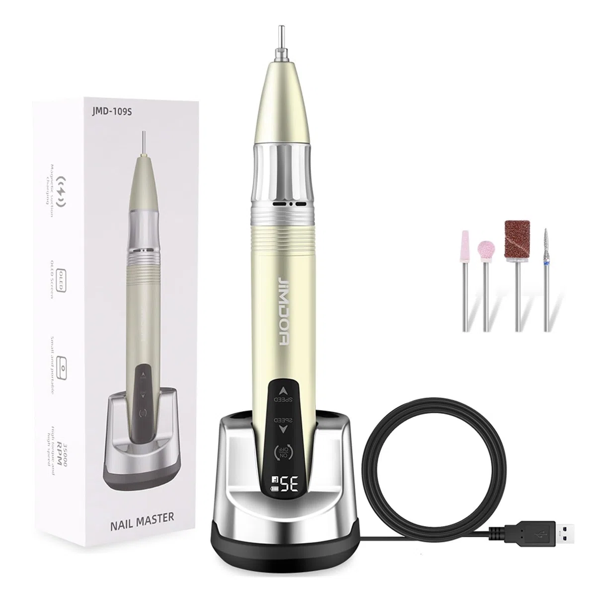 Nagelfräser, 35000 U/min Nagelbohrmaschine, tragbare elektrische Nagelschleifmaschine mit Stromspeicher, professionelle Maniküre, tragbare elektrische Nagelfeile for Acrylnägel(Gold)
