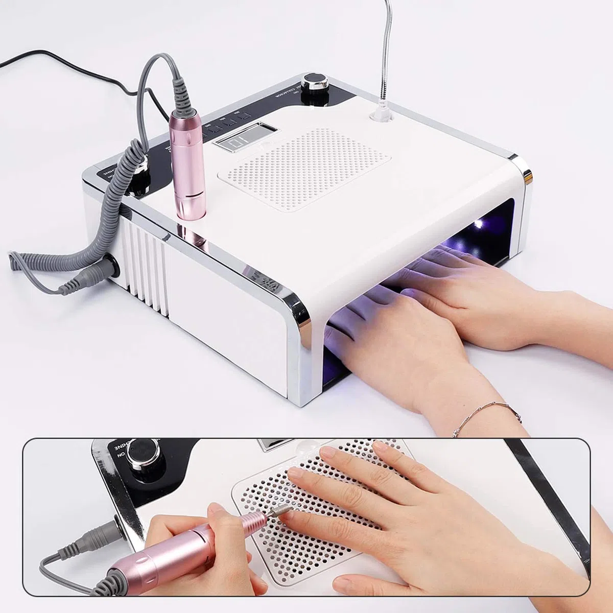 scosao Profi Nagel Staubsauger 108W, Nagelfräser für Elektrische Nägel mit 30000 U/min Maniküre Stift, Nageltrockner, LED Lampe, 4 in 1 Nagel Staubabsaugung Tischabsaugung Nageltisch für Maniküre