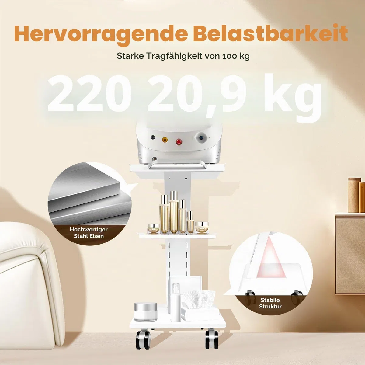 Beauty Salon Trolley, Multifunktions-bewegliche Hand Trucks, Dental DREI Schichten Multifunktionswagen Wagen Zahnwagen Medizinischer Wagen mit leisen Fußbremsen, Weiß