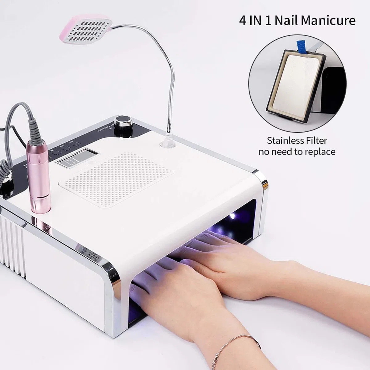 scosao Profi Nagel Staubsauger 108W, Nagelfräser für Elektrische Nägel mit 30000 U/min Maniküre Stift, Nageltrockner, LED Lampe, 4 in 1 Nagel Staubabsaugung Tischabsaugung Nageltisch für Maniküre
