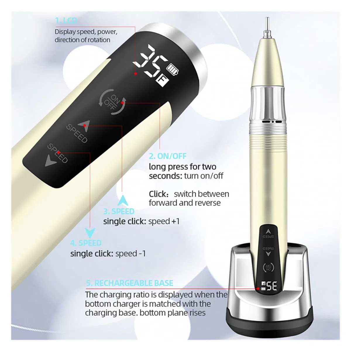 Nagelfräser, 35000 U/min Nagelbohrmaschine, tragbare elektrische Nagelschleifmaschine mit Stromspeicher, professionelle Maniküre, tragbare elektrische Nagelfeile for Acrylnägel(Gold)