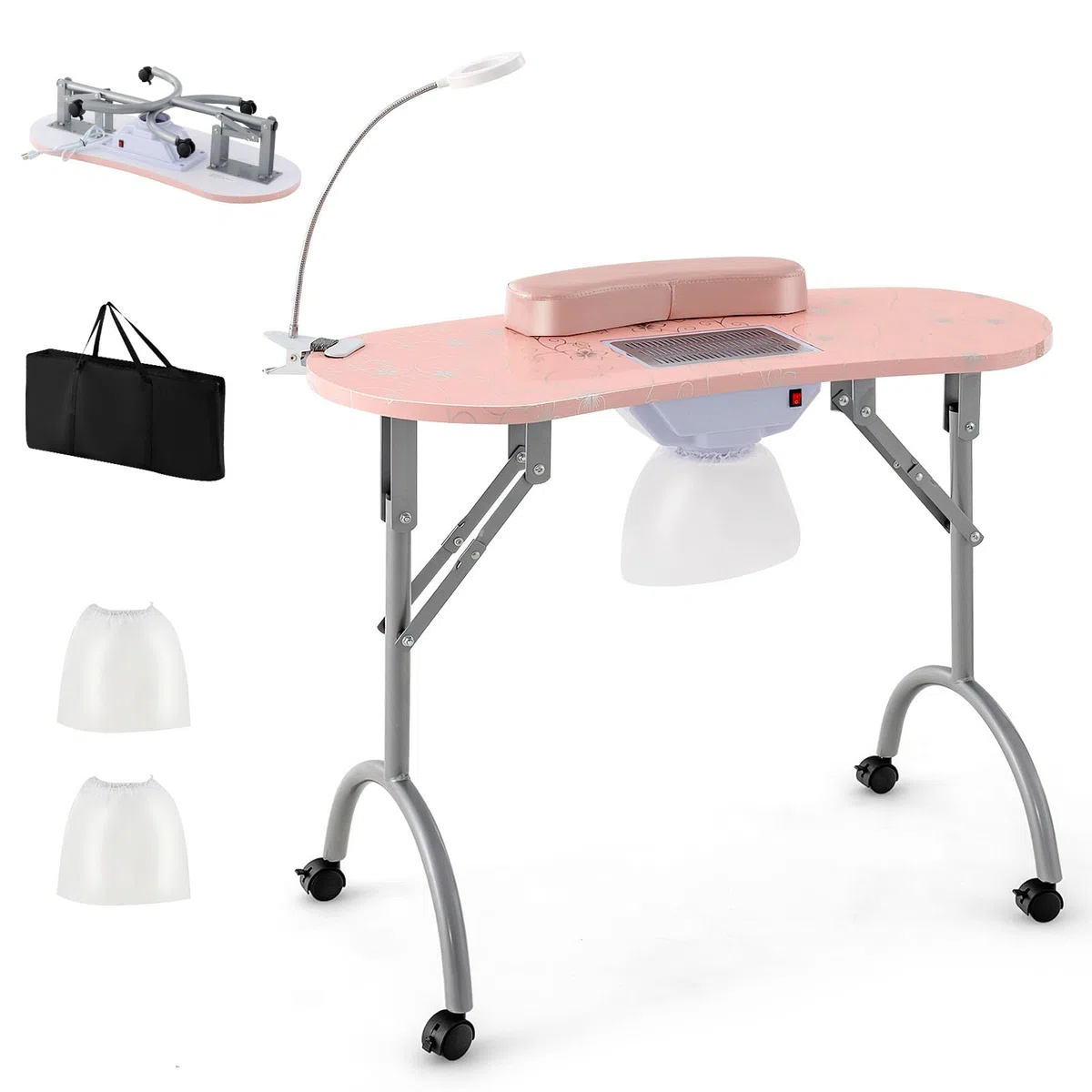 HOMASIS Maniküretisch mit Absauger, klappbarer Nageltisch mit verstellbaren LED-Lichtern, 3 Taschen, Kissen und Aufbewahrungstasche, Kosmetik-Schreibtisch mit 4 Rollen, 90 x 43 x 73 cm (Rosa)
