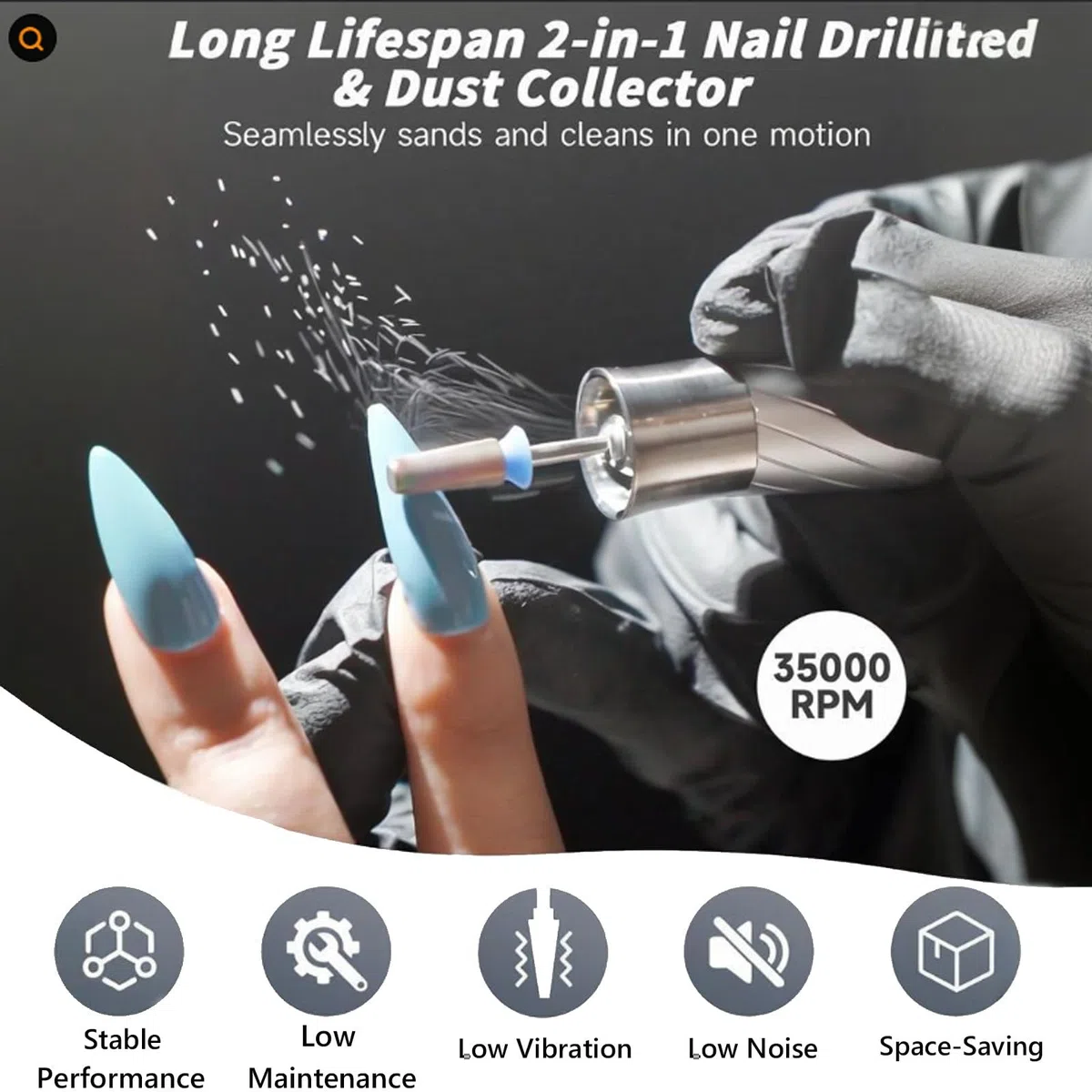 2-in-1-Nagelstaubsauger & Nagelfräser – Elektrische Nagelfeile 35.000 U/min und starker Saugkraft, bürstenloser Motor, Reinigung für Acrylnägel, für Heimwerker und Nagelstudios Black